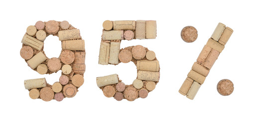 Number ninety five 95%  percent made of wine corks Isolated on white background