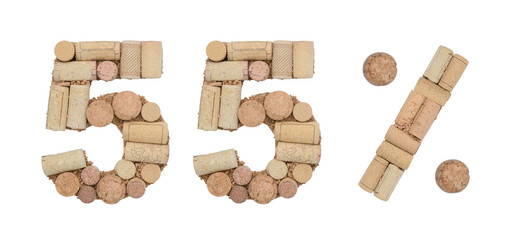 Number fifty five 55%  percent made of wine corks Isolated on white background