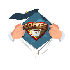 man open shirt to show coffee logotyle in comic style. power of coffee concept - vector
