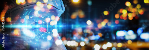 Cyborg head using artificial intelligence to create digital interface 3D rendering