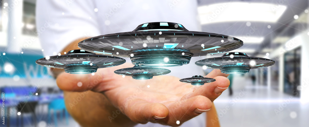 Poster Businessman with retro UFO spaceship 3D rendering