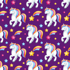 Fairy children seamless pattern with the image of cute unicorns. Colorful vector background in cartoon style.
