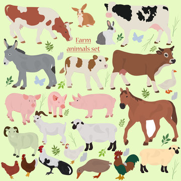 A set of farm animals with plants