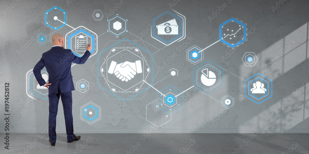 Poster Businessman using partnership interface on a wall 3D rendering