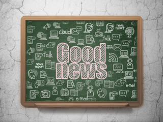News concept: Chalk Pink text Good News on School board background with  Hand Drawn News Icons, 3D Rendering