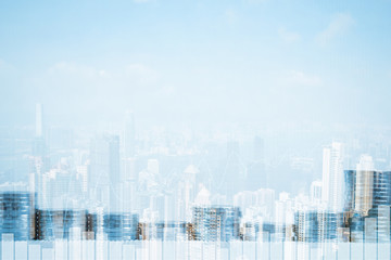 Double exposure of coin stack with city background and world map, financial graph, business concept.