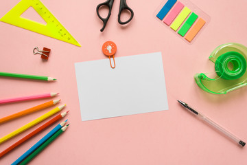 stationery flat lay on pale pink background