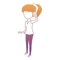 Woman standing and Talking on Cellphone over white background, colorful design. vector illustration