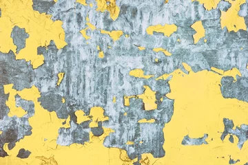 Fototapete Alte schmutzige strukturierte Wand Metallstruktur mit abblätternder, rissiger gelber Farbe
