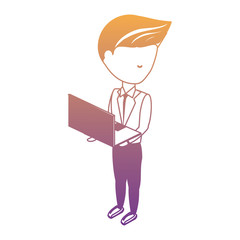 avatar businessman standing and using a laptop computer over white background, colorful design. vector illustration