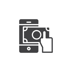 Hand with dollar money and mobile phone vector icon. filled flat sign for mobile concept and web design. Mobile payment simple solid icon. Symbol, logo illustration. Pixel perfect vector graphics