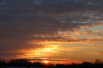 dawn over the city. the sky with fluffy clouds at dawn. sunrise over houses.