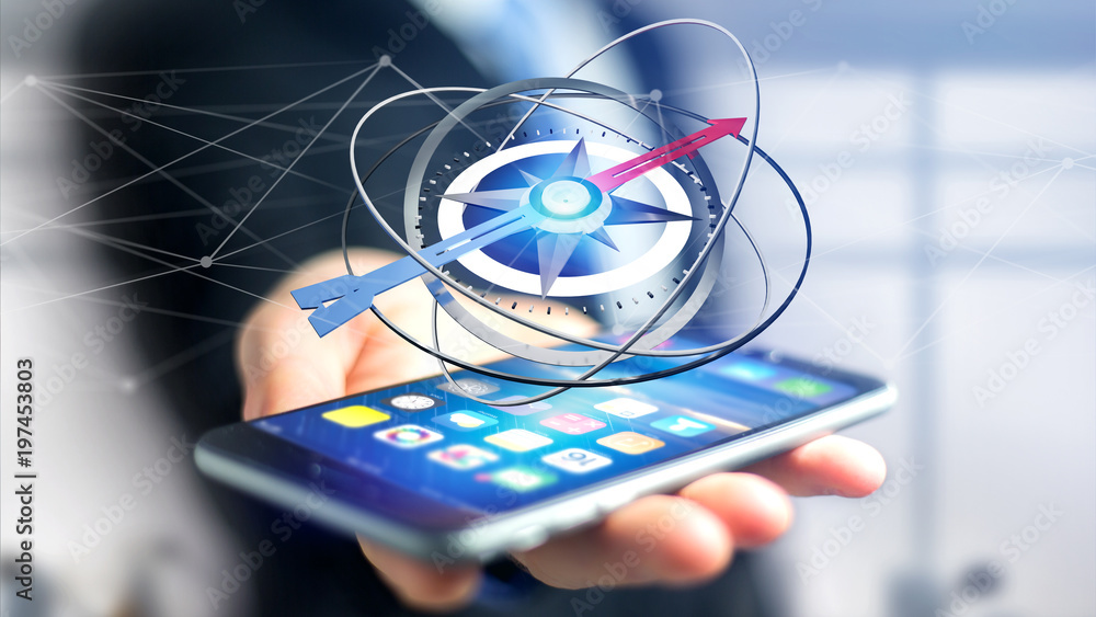 Poster business man using a navigation compass on a smartphone - 3d rendered