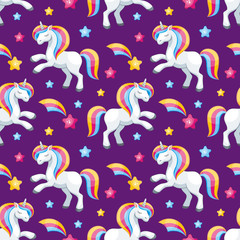 Naklejka premium Fairy children seamless pattern with the image of cute unicorns. Colorful vector background in cartoon style.