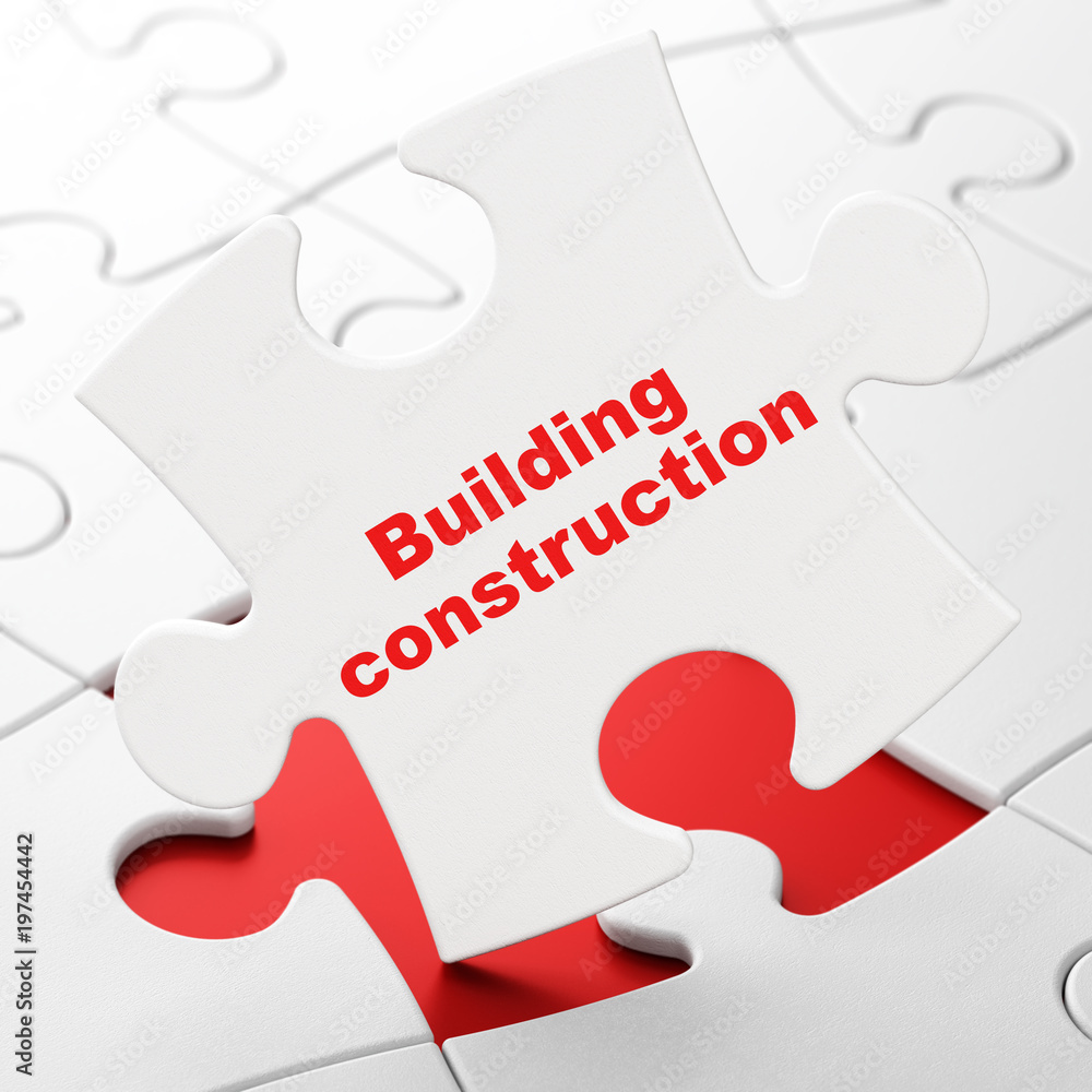 Poster building construction concept: building construction on white puzzle pieces background, 3d rendering