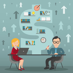 Cartoon Man Woman Consulting Office Dollar Work