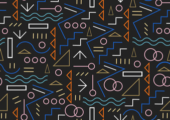 Abstract line geometric seamless pattern, abstract black and color background. Memphis style