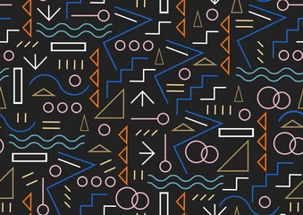 Wallpaper murals Memphis style Abstract line geometric seamless pattern, abstract black and color background. Memphis style