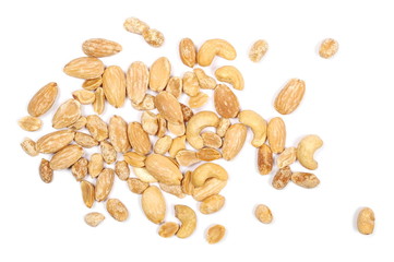 Mix of roasted, salted peanuts, cashew nuts and almonds isolated on white background, top view