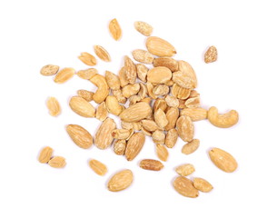 Mix of roasted, salted peanuts, cashew nuts and almonds isolated on white background, top view