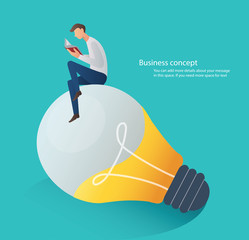 man reading book sitting on light bulb vector illustration