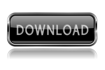Download black button. Glass rectangle icon with metal frame, with shadow
