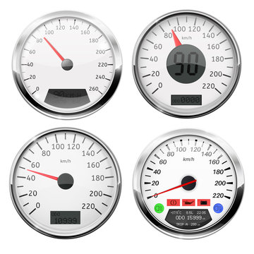 Speedometers. Collection of 3d speed gauges with metal frame