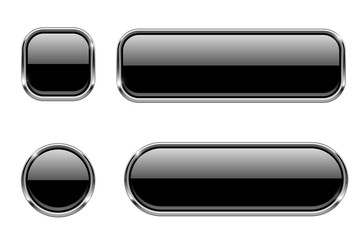 Black glass buttons with chrome frame. Shiny 3d web icons