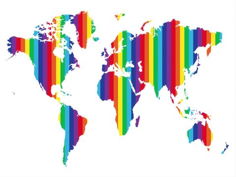 continental world map with a rainbow. LGBT rights all over the world.