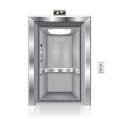 Elevator doors. Metal open doors with interior design