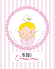 angel with dove on top of his head. Christening or communion card