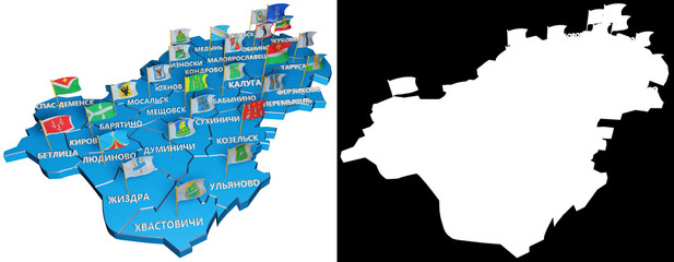Isometric map of Kaluga Region with flags of regional centers. 3D isometric shape of Kaluga Region. 3D illustration.