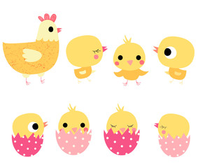 Cute vector yellow chicks and a hen in flat style for Easter designs