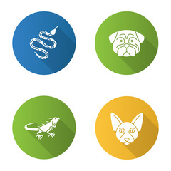 Pets flat design long shadow glyph icons set