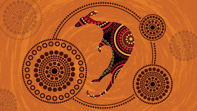Aboriginal art vector painting with kangaroo. Illustration based on aboriginal style of landscape dot background. 