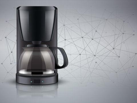 Concept of Blockchain IOT and food industry. Coffee maker and Internet of Things on abstract background. Editable Vector illustration.