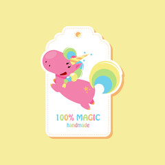 Tag with flying unicorn for handmade items. Vector flat illustration