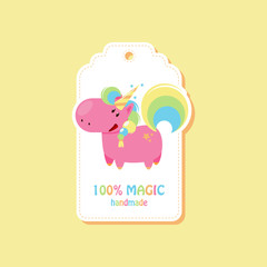 Tag with standing unicorn for handmade items. Vector flat illustration