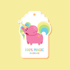 Tag with cute unicorn for handmade items. Vector flat illustration