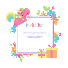 Vector illustrations with flat unicorn. Square frame with simple blue, yellow and pink flowers. Modern invitation for birthday or sales.