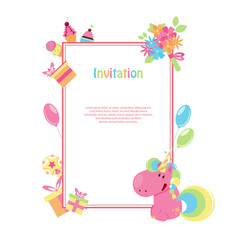 Vector illustrations with flat unicorn. Rectangular frame with simple flowers, balloons, gifts, flowers and cakes. Modern invitation for birthday or sales.