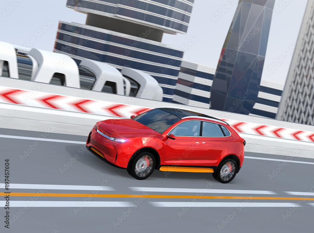 Poster metallic red autonomous electric suv driving on the highway. 3d rendering image.