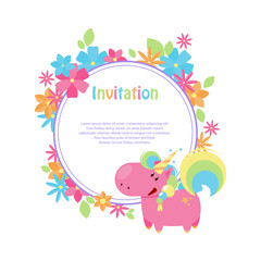 Vector illustrations with flat unicorn. Round frame with simple blue, yellow and pink flowers. Modern invitation for birthday or sales.
