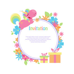 Vector illustrations with flat unicorn. Round frame with simple blue, yellow and pink flowers. Modern invitation for birthday or sales.
