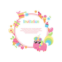 Vector illustrations with flat unicorn. Round Frame of simple flowers. Balloons, gifts, flowers and cakes. Modern invitation for birthday or sales.