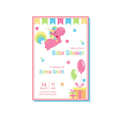 Beautiful baby shower card template with cute unicorn. Vector cartoon illustration for birthday invitation