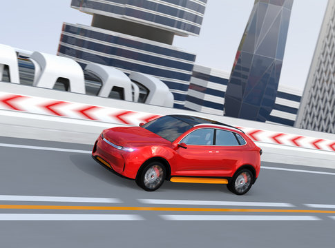 Metallic red autonomous electric SUV driving on the highway. 3D rendering image. 