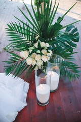 wedding decoration with elements vases wedding arch of greenery of white roses