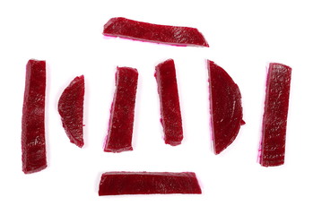 Fresh beetroot slices isolated on white background, top view