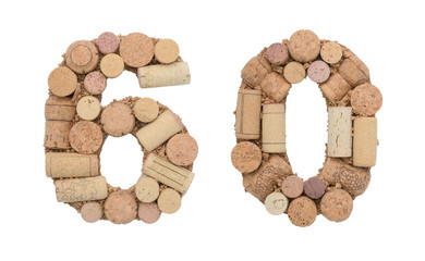 Number 60 sixty made of wine corks Isolated on white background